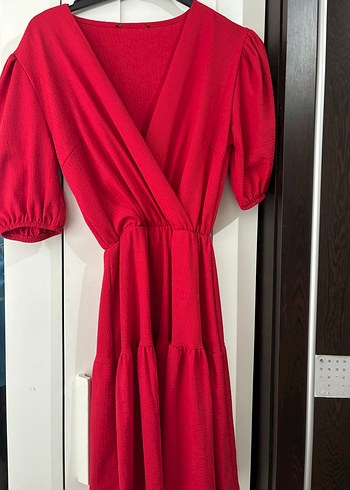 Kırmızı Midi Drapeli Kadın Elbise - Görsel 2