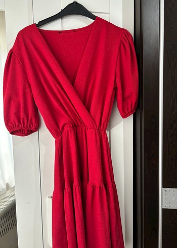 Kırmızı Midi Drapeli Kadın Elbise - Görsel 3