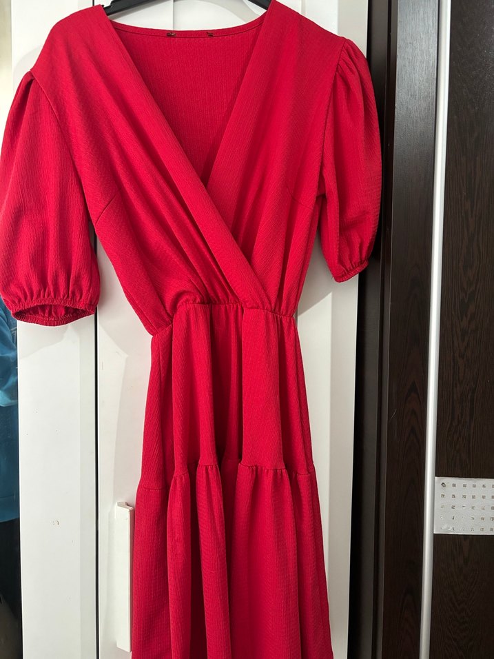Kırmızı Midi Drapeli Kadın Elbise - Görsel 2