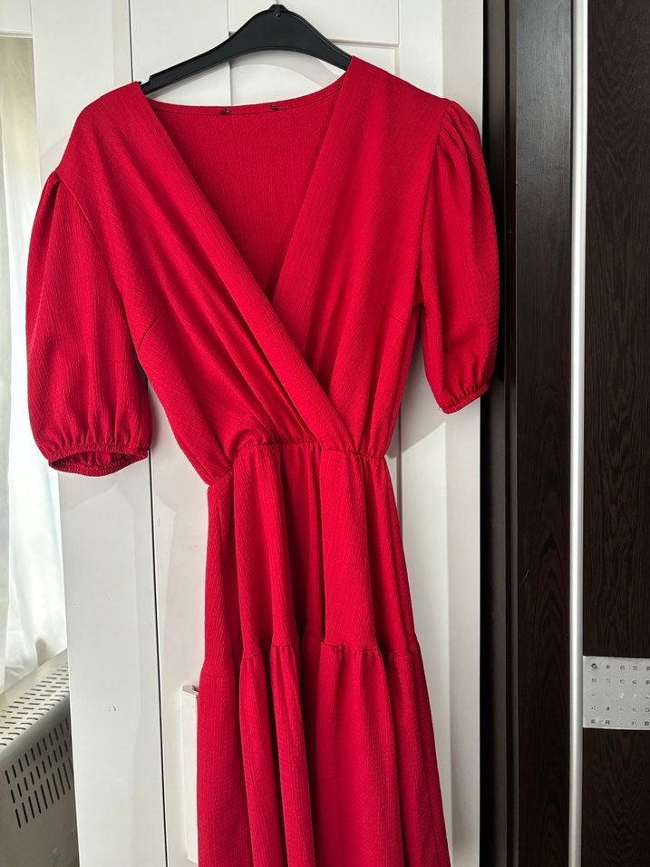 Kırmızı Midi Drapeli Kadın Elbise - Görsel 3