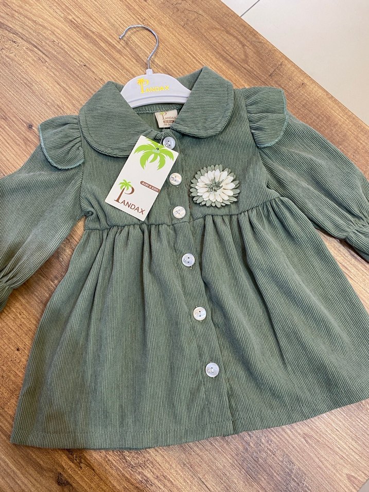 Kız Çocuk Yeşil Nakışlı Uzun Kollu Elbise - Görsel 3
