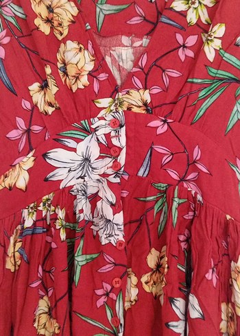 Çiçek Desenli Kırmızı Bohem Midi Elbise - Görsel 2