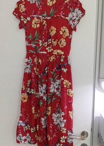 Çiçek Desenli Kırmızı Bohem Midi Elbise - Görsel 4