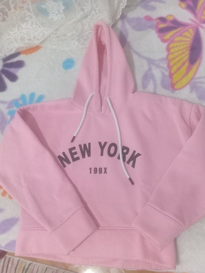 Pembe Kapüşonlu New York Baskılı Sweatshirt - Görsel 2