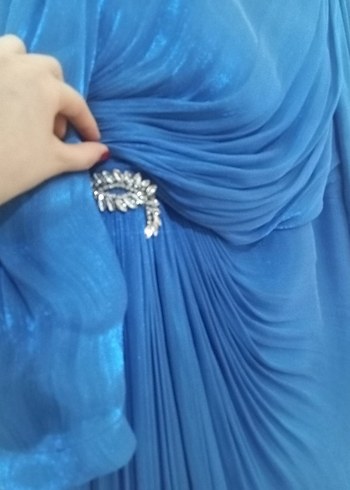 Mavi Uzun Kollu Drapeli tesettür abiye Elbise - Görsel 5