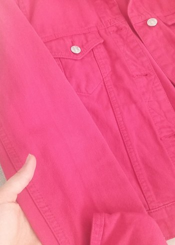 Düğmeli Pembe Kadın Denim Ceket - Görsel 2