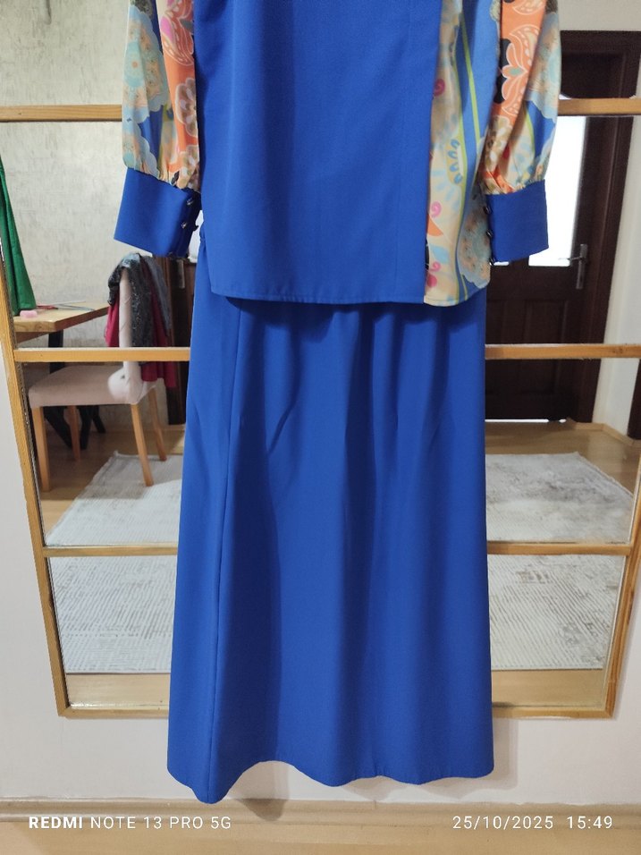 Uzun Mavi Kadın özel tasarım etek gömlek - Görsel 4