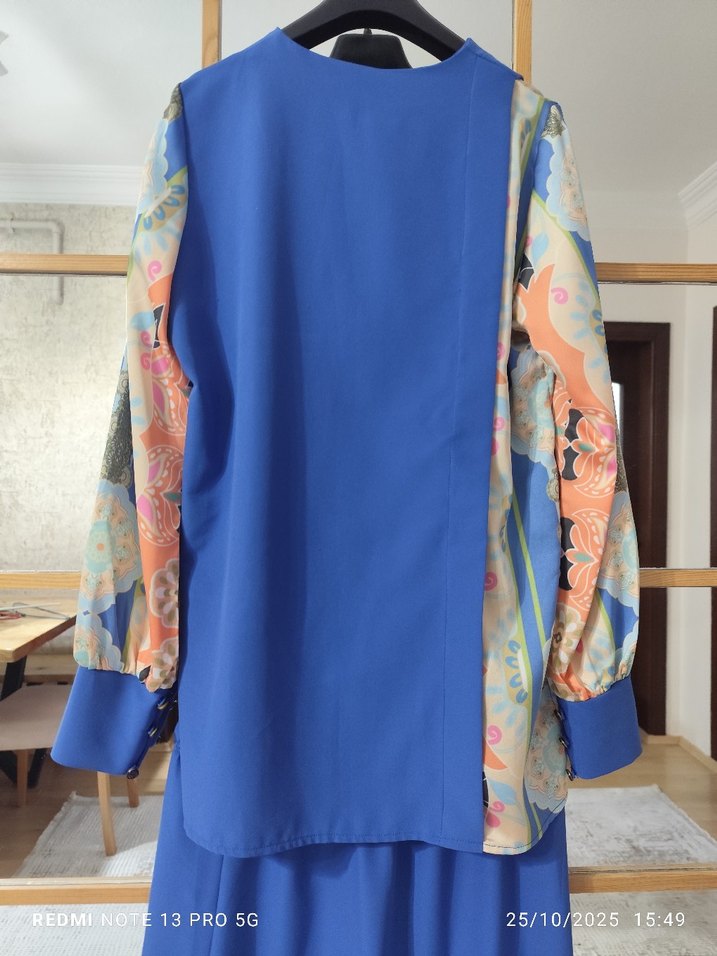 Uzun Mavi Kadın özel tasarım etek gömlek - Görsel 5