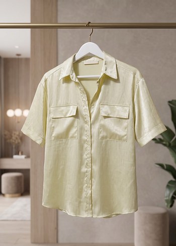 Cotton Bar Acik Sari Kisa Kollu Rahat Gomlek