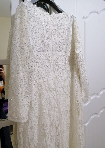 Uzun Kollu Beyaz Dantel A Kesim Gelinlik - Görsel 5