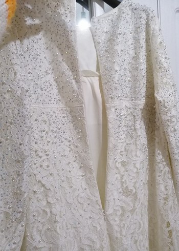 Uzun Kollu Beyaz Dantel A Kesim Gelinlik - Görsel 6