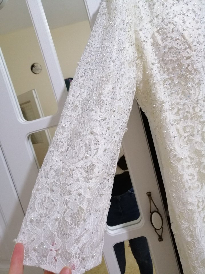 Uzun Kollu Beyaz Dantel A Kesim Gelinlik - Görsel 3