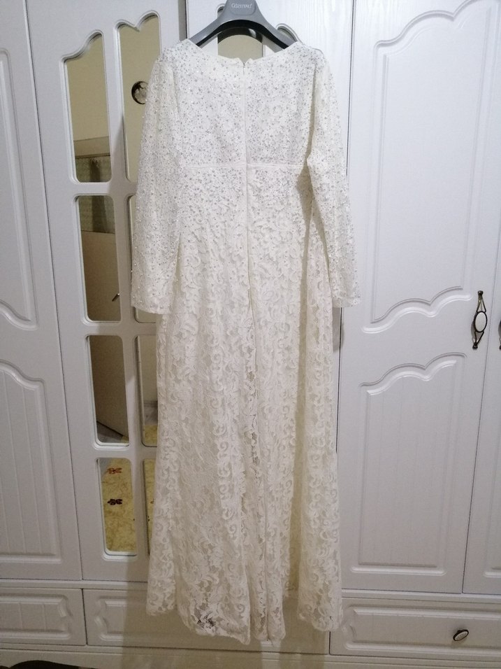 Uzun Kollu Beyaz Dantel A Kesim Gelinlik - Görsel 4