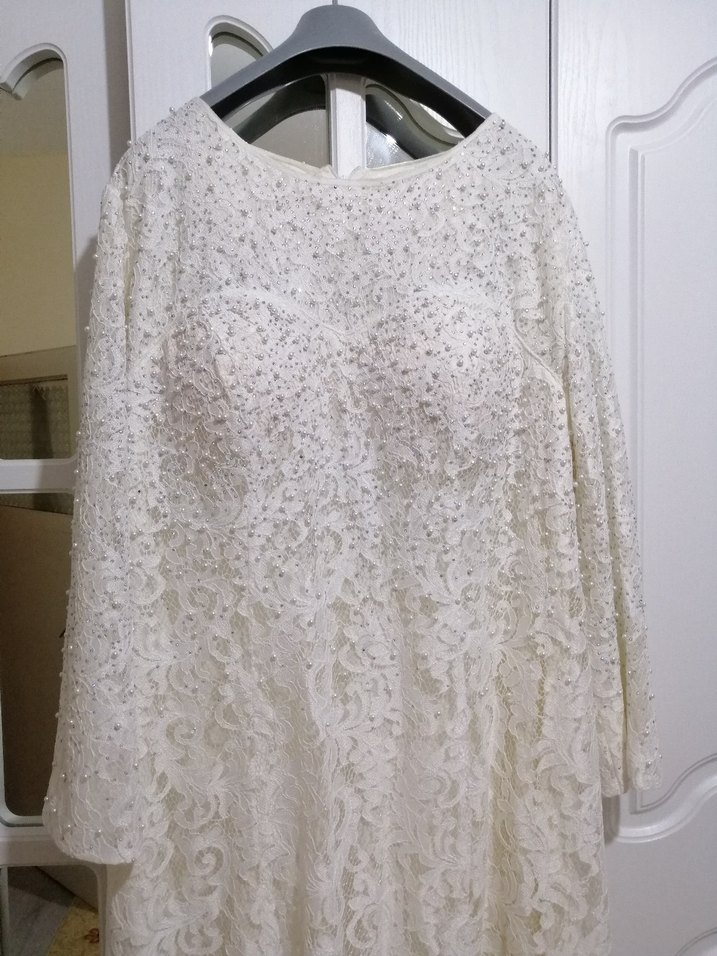 Uzun Kollu Beyaz Dantel A Kesim Gelinlik - Görsel 2