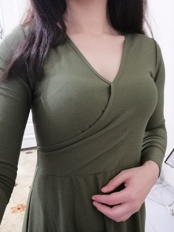 Kadın Haki Midi Uzun Kollu Straplez Elbise - Görsel 4