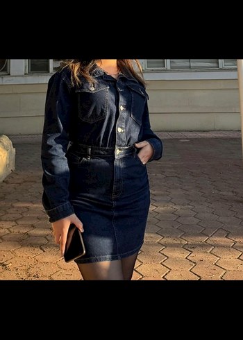 m Beden Lacivert Denim Midi Elbise