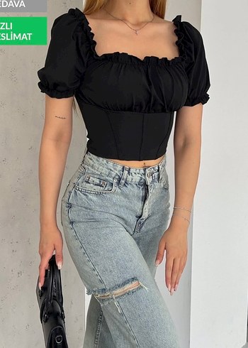 s Beden Siyah Kısa Kollu Fitted Bluz
