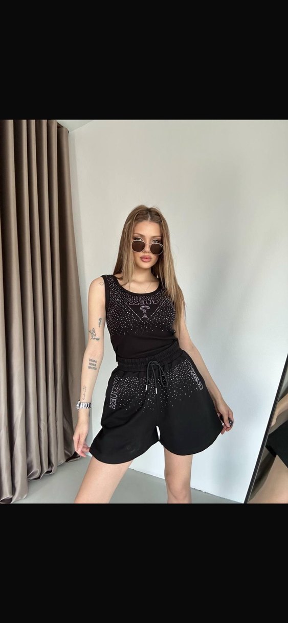 Kadın Siyah Mini Parlak Atlet Şort Takım - Görsel 2