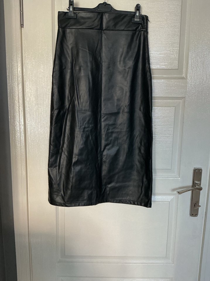 Siyah Deri Kadın Midi Kalem Etek - Görsel 2