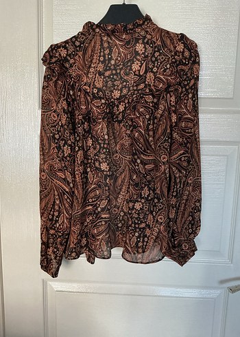 Kahverengi Bohem Uzun Kollu Fırfırlı Bluz - Görsel 3