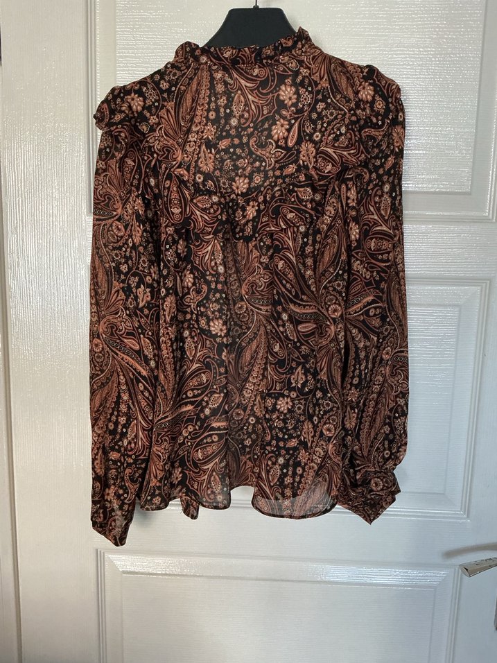 Kahverengi Bohem Uzun Kollu Fırfırlı Bluz - Görsel 3