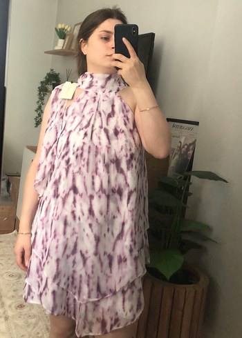 Mor Batik Desenli Bohem Midi Elbise