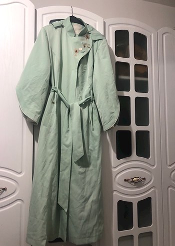 Yeşil Uzun Keten Kadın Trençkot - Görsel 8