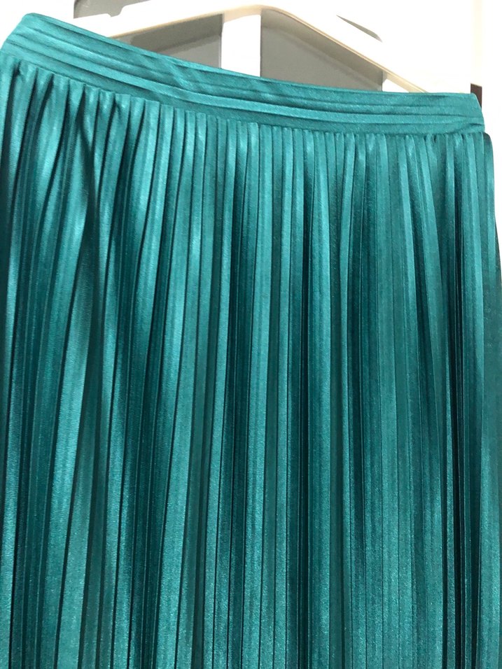Parlak Turkuaz Pileli Uzun Etek - Görsel 3