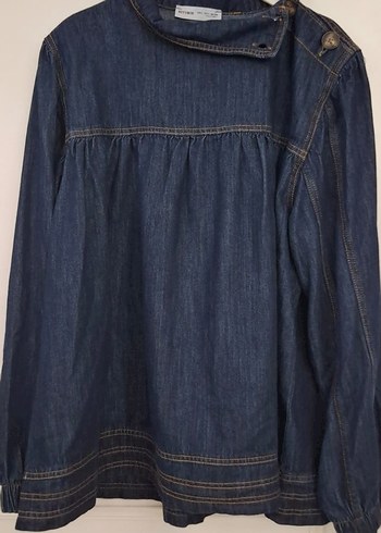 yakası düğmeli kontrast dikişli denim tasarım bluz