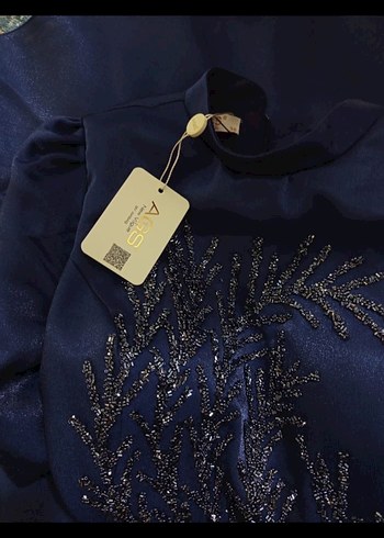 Mavi İşlemeli Uzun Kollu Uzun Abiye Elbise - Görsel 2