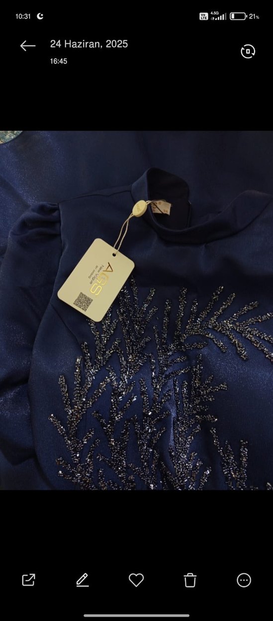 Mavi İşlemeli Uzun Kollu Uzun Abiye Elbise - Görsel 2