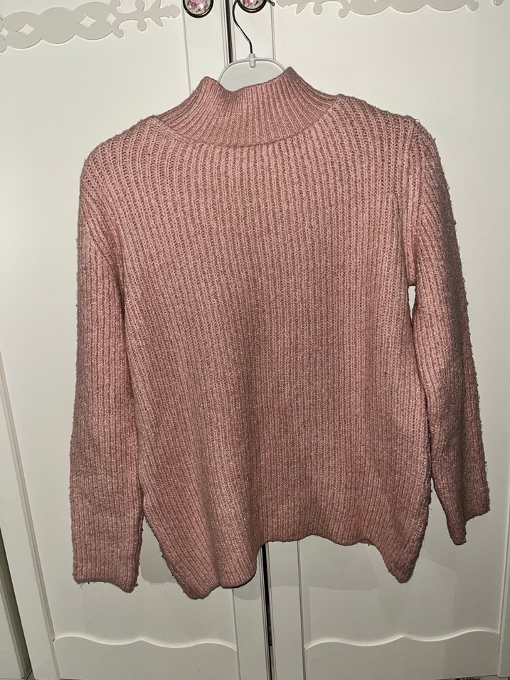 Pembe Yüksek Yakalı Örgü Kadın Kazak - Görsel 2