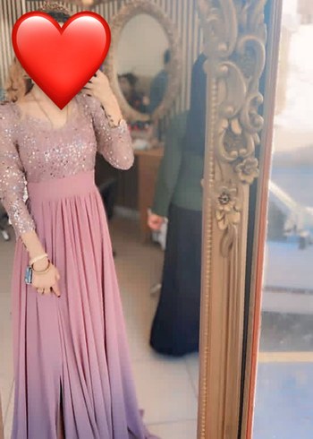 Pembe Uzun Kollu V Yaka Parlak Abiye Elbise