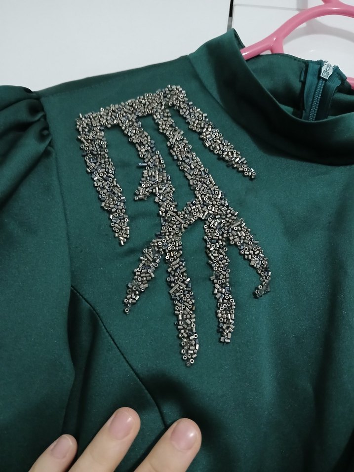 Uzun Kol Drapeli Haki Sade Nişan Elbisesi - Görsel 2