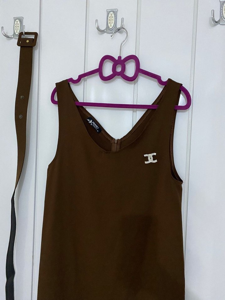 Kahverengi Süet Midi Elbise, Kemerli, Halter Yaka - Görsel 2