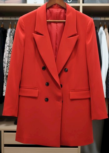 Kadın Kırmızı Düğmeli Midi Blazer Ceket