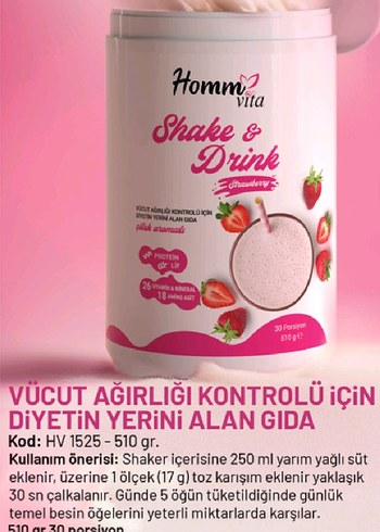 Homme Vita Shake & Drink Çilek Aromalı 510 gr