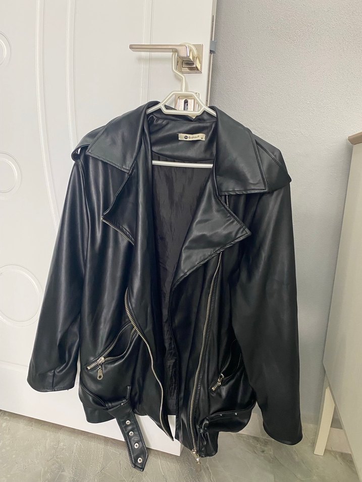Kadın Siyah Deri Biker Ceket - Görsel 2