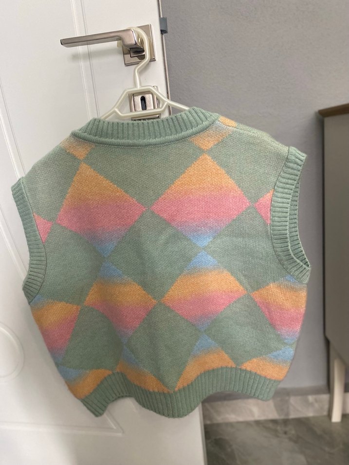 Pastel Renkli V Yaka Örgü Kadın Süveter - Görsel 2