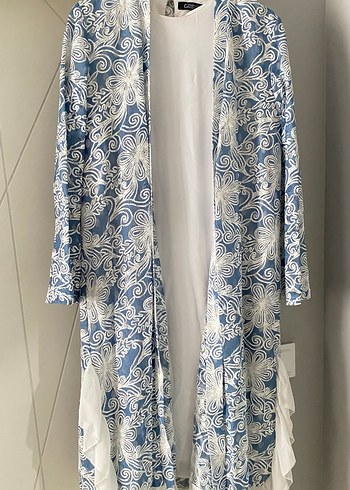 Mavi Gri Uzun Bohem Kadın Kimono
