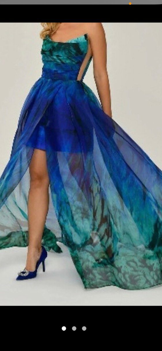 Mavi uzun yırtmaçlı şifon straplez Uzun Kadın Elbise - Görsel 2