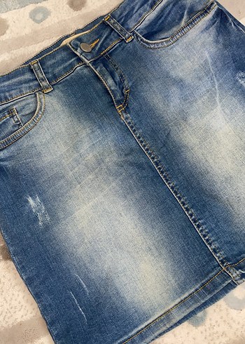 Mavi Batik Desenli Denim Mini Etek