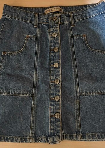 Düğmeli Mavi Denim Midi Etek