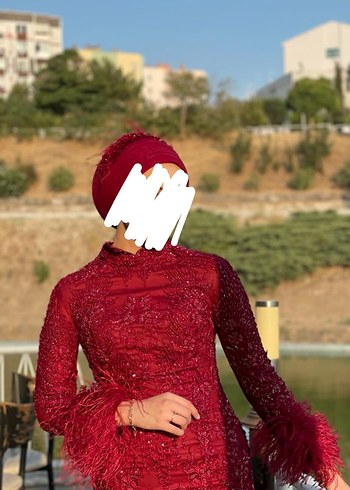 Bordo Dantel Detaylı Uzun Kollu Abiye Elbise - Görsel 2