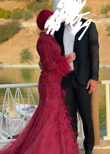 Bordo Dantel Detaylı Uzun Kollu Abiye Elbise - Görsel 3