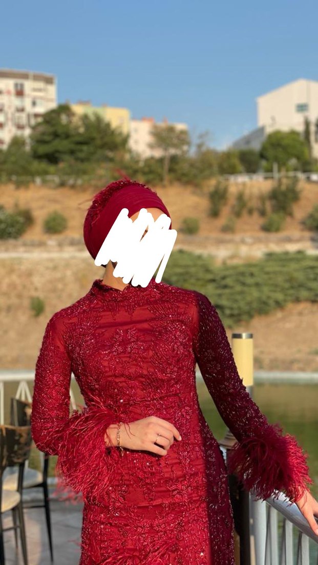 Bordo Dantel Detaylı Uzun Kollu Abiye Elbise - Görsel 2