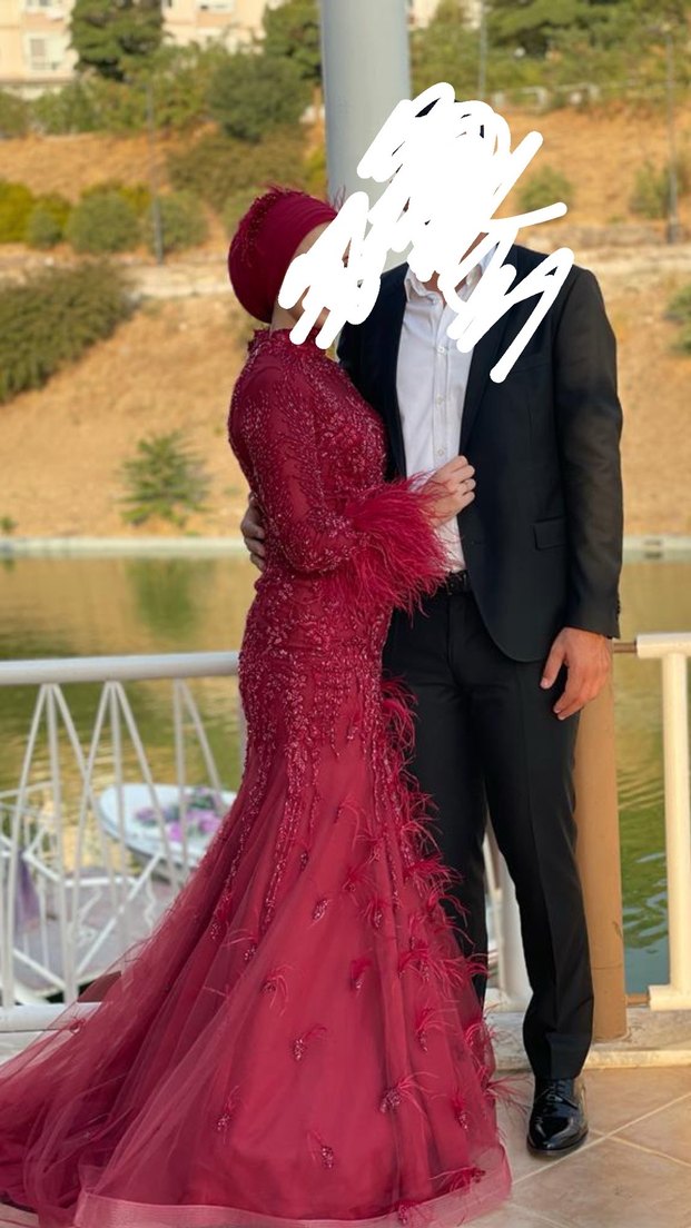 Bordo Dantel Detaylı Uzun Kollu Abiye Elbise - Görsel 3