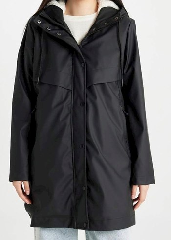 Mont kapşonlu Siyah Midi Kadın fermuarlı Yağmurluk - Görsel 3