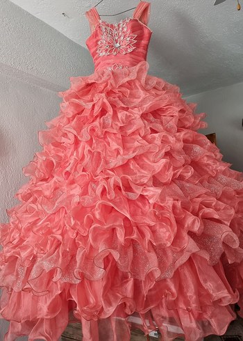 Pembe Fırfırlı Uzun Abiye Elbise - Görsel 2