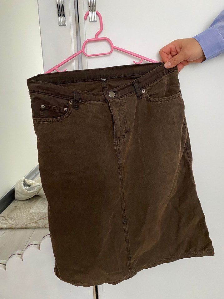 Kahverengi Kemerli Midi Kot Etek - Görsel 2